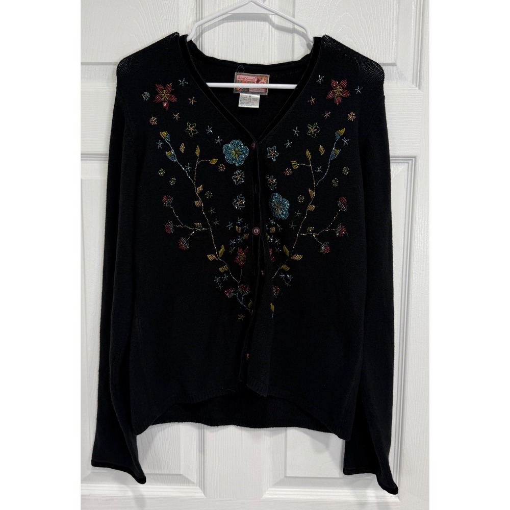April Cornell Womens M Black Beaded Floral Embroidered Cardigan Sweater